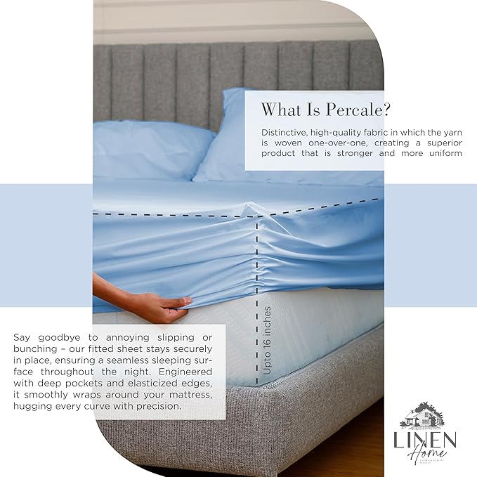 Linen Home 100% Cotton Percale Sheets King Size, Baby Blue, Deep Pocket - Image 4