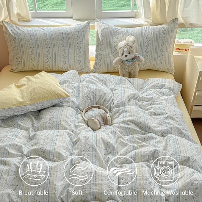 BOLINLIVING Vintage Floral Duvet Cover Twin Size, Kids Girls Blue Striped - Image 3