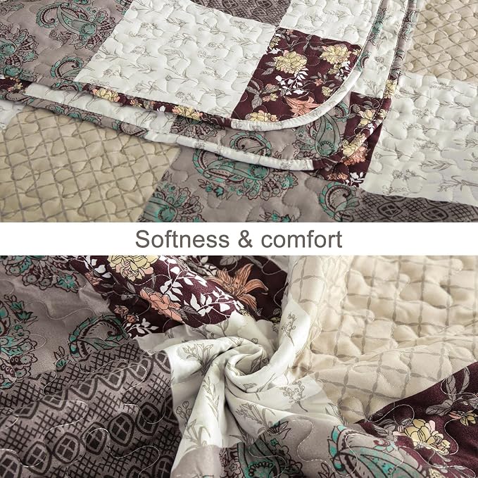 Xruibed Floral Plaid Patchwork Fall Quilt Set King Size 3 Pieces Taupe Beige - Image 6