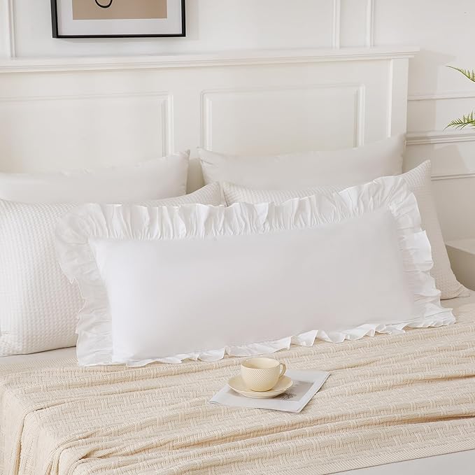 14x36 inches Off White Ruffled Lumbar Pillow Cover 1 Piece, Pure Washed Cotton by Qilunn