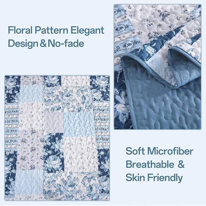 Anibedding Blue Patchwork Quilt Set Queen Size Boho Floral Plaid Bedspread - Image 4