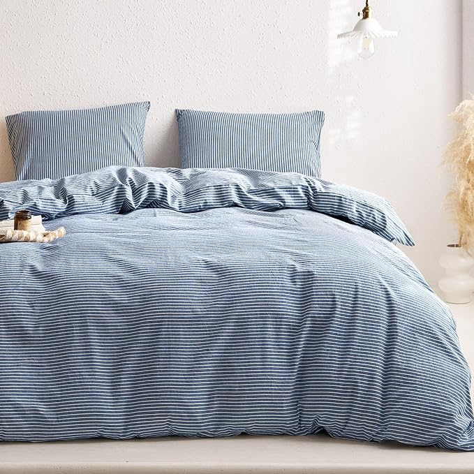 Wake In Cloud - Striped Cotton Duvet Cover Set, 100% Washed Cotton Textured - Image 3