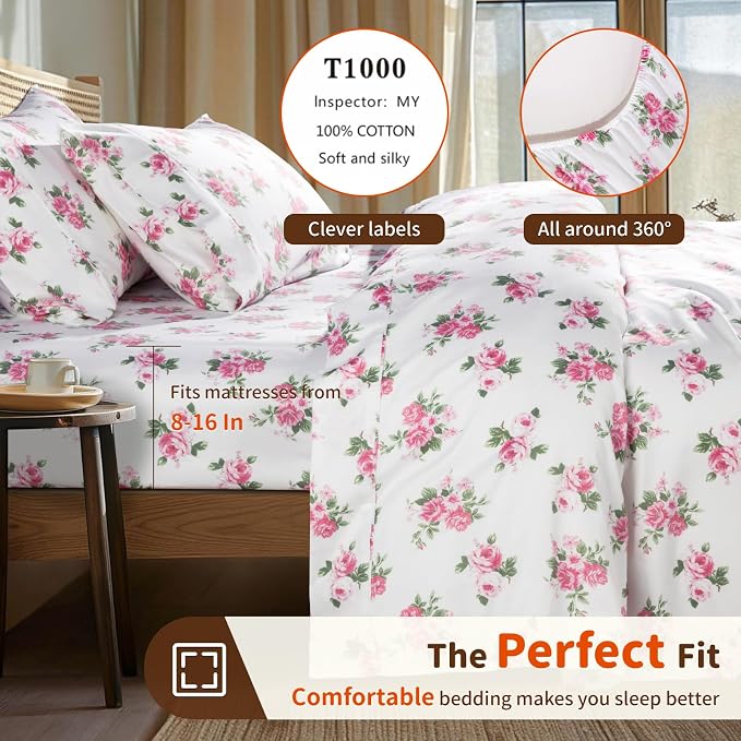LBRO2M 1000 Thread Count Sheets 100% Egyptian Cotton Bedding Set Floral King - Image 3