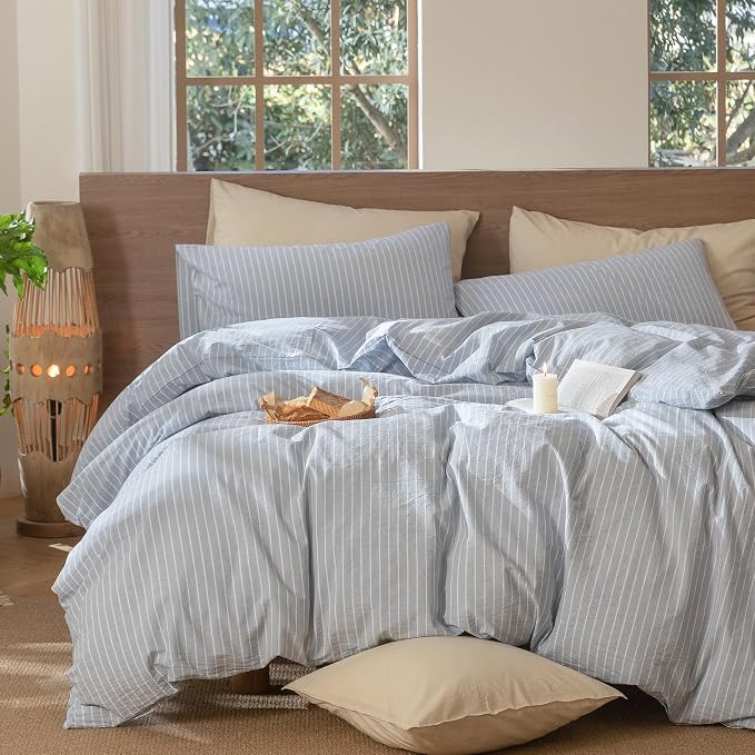 MooMee Striped Duvet Cover Set 100% Washed Cotton Linen Like Textured - Image 6