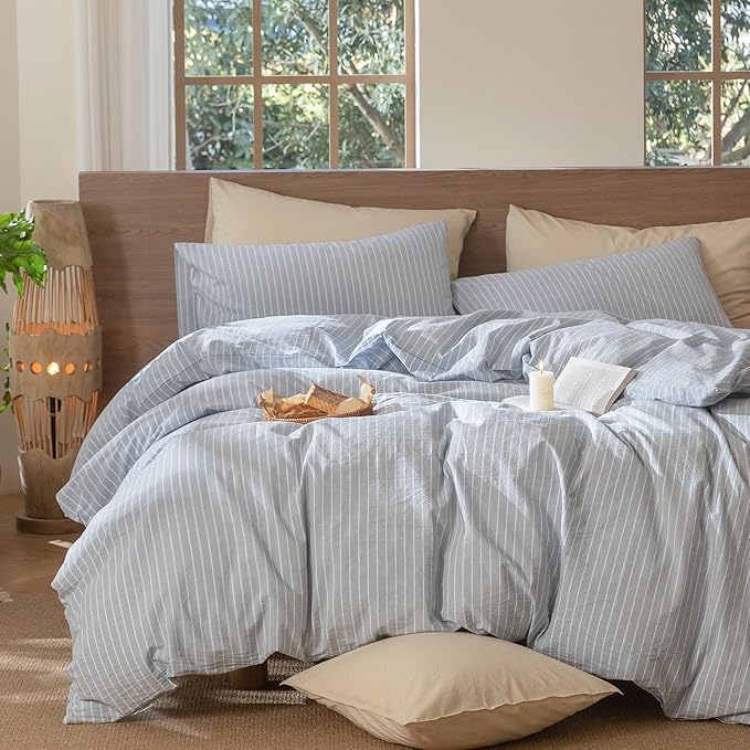 MooMee Striped Duvet Cover Set 100% Washed Cotton Linen Like Textured - Image 6