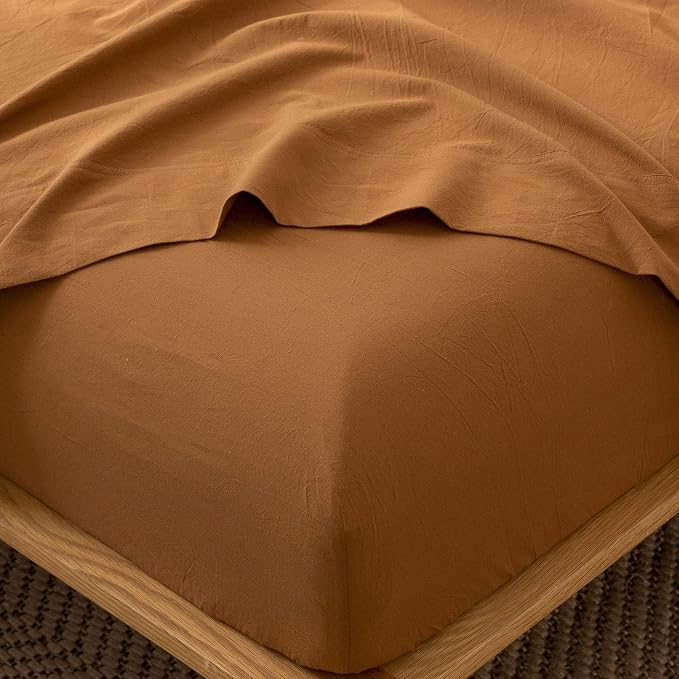 MooMee Fitted Bottom Sheet Only 100% Washed Cotton Linen Like Textured by MOOMEE