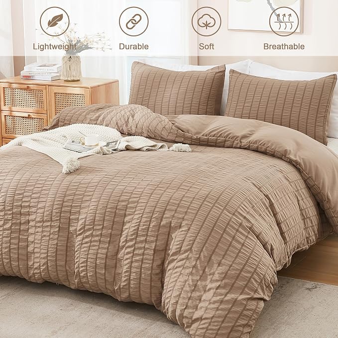 AveLom Taupe Duvet Cover Cal King, 3 Pieces, Seersucker Striped Soft Washed - Image 2