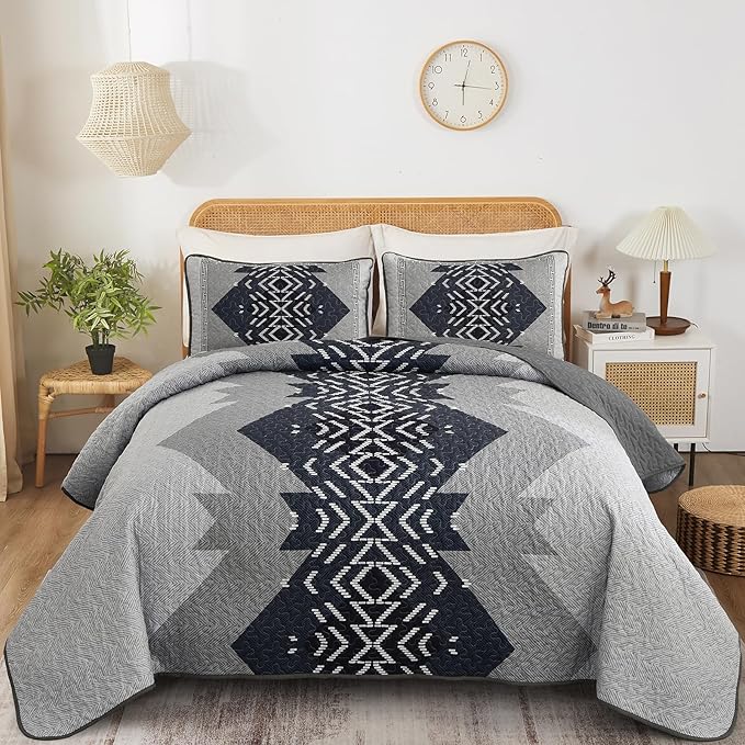 Dintszyayue King Quilt Set Boho, 3 Piece Navy Bedding Coverlet Set Aztec by Dintszyayue
