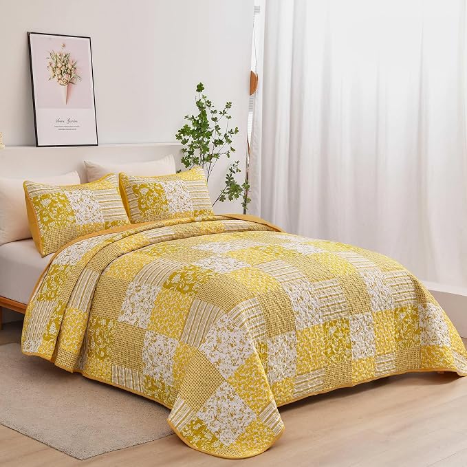 Mybedsoul Yellow Boho Quilt Set King Size, 3 Pieces Plaid Floral Bedspread - Image 2