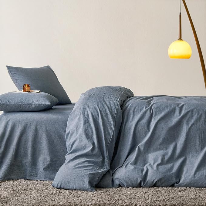 Wake In Cloud - Cotton Duvet Cover Set, Full Size, Chambray Denim Blue - Image 4