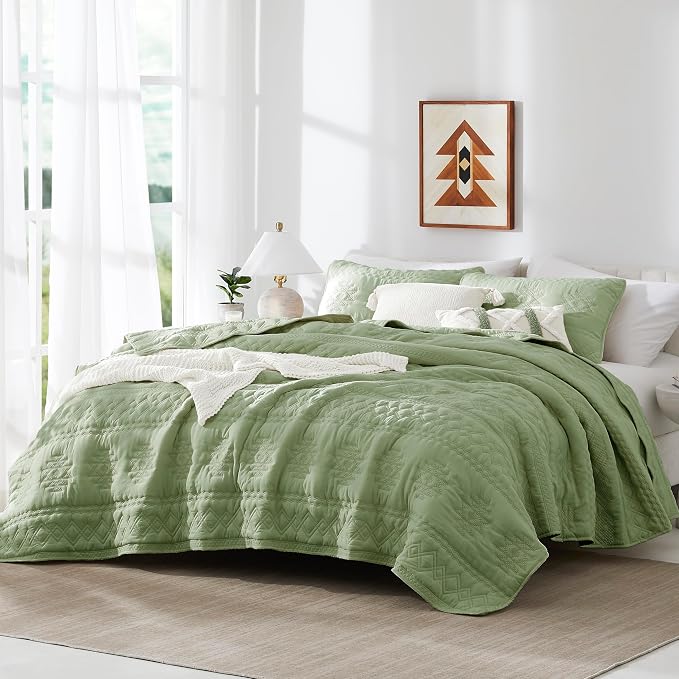 WDCOZY Boho Sage Green Quilts Queen Size Bedding Sets - Image 2