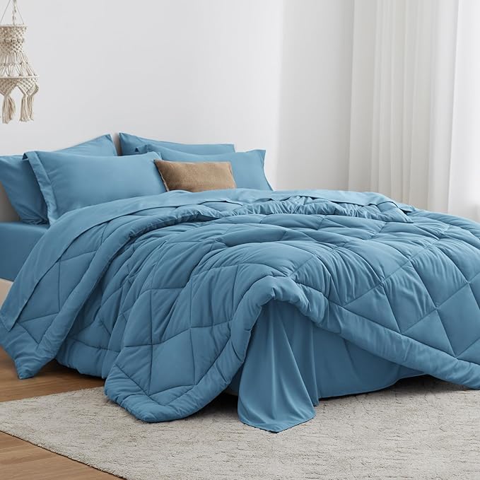 Love's cabin Queen Comforter Set Misty Blue, 7 Pieces Queen Bed in a Bag by Lovescabin