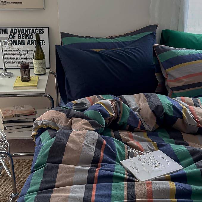mixinni Blue Striped Duvet Cover Twin XL 100% Washed Cotton 3 Pcs Vintage - Image 5