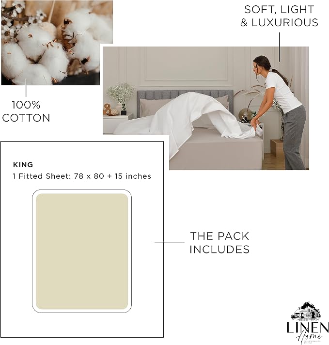 Linen Home 100% Cotton Percale Weave Fitted Sheet, King Size, 1 Deep Pocket - Image 6