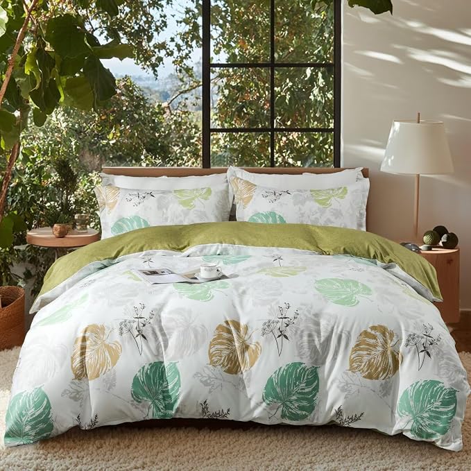OAITE Duvet Cover Twin Size, Reversible Fallen Leaves Green Duvet Cover Set by OAITE