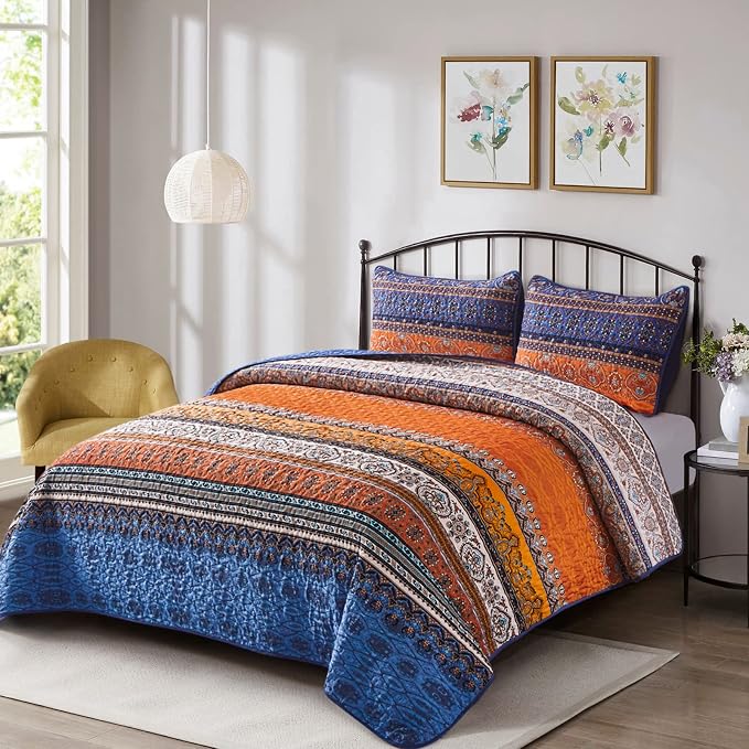 WONGS BEDDING Boho Fall Queen Quilt Set, Lightweight Microfiber Bed Decor - Image 2
