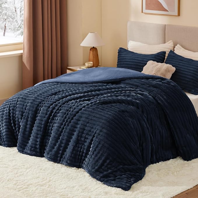 BEDELITE Fleece California King Comforter Set -Super Soft & Warm Fluffy Navy - Image 2