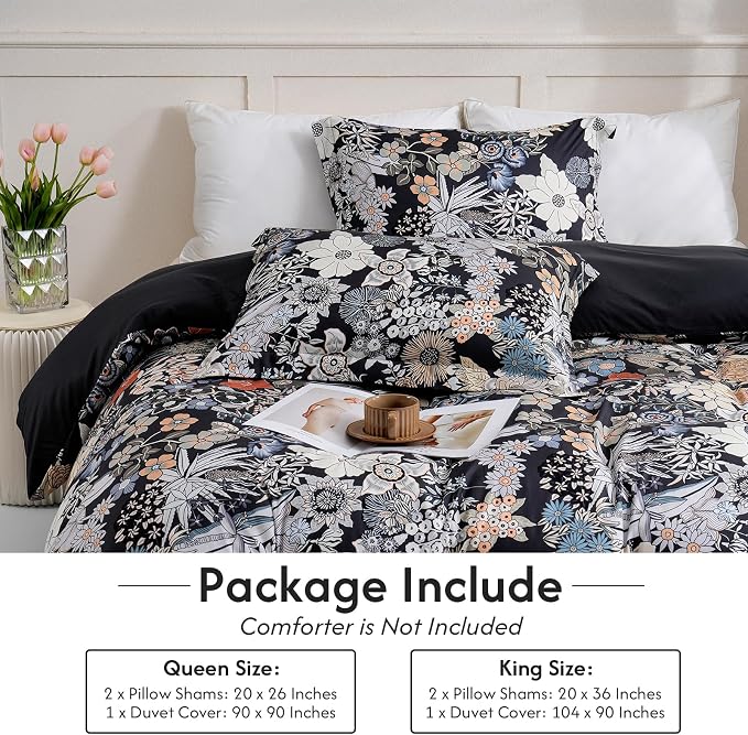 LONAVA Queen Flower 3 Pcs Duvet Cover Set, Breathable Soft Microfiber Black - Image 6