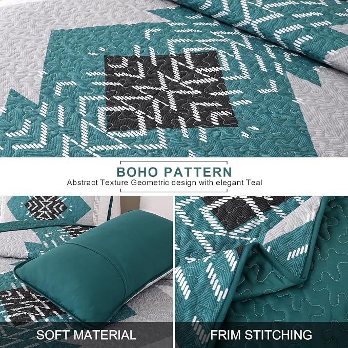 Dintszyayue Teal Boho Quilt Set Queen 3 Pieces Turquoise Aztec Texture - Image 3