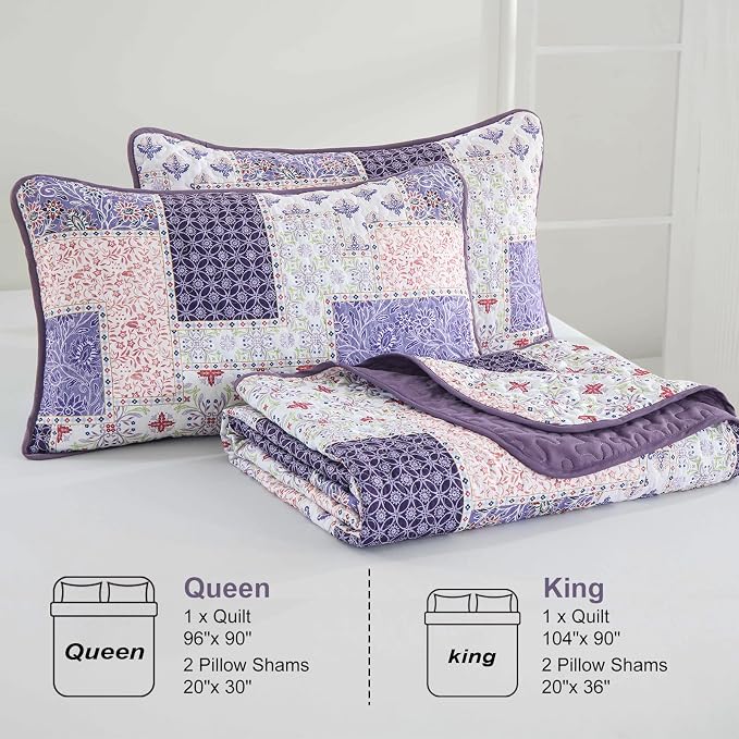 Xruibed Patchwork Quilt Set King Size 3 Pieces Plaid Floral Bedspread Coverlet - Image 7