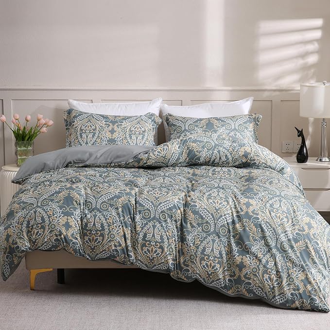 LONAVA King Paisley 3 Pcs Duvet Cover Set, Breathable Soft Microfiber Grey by LONAVA