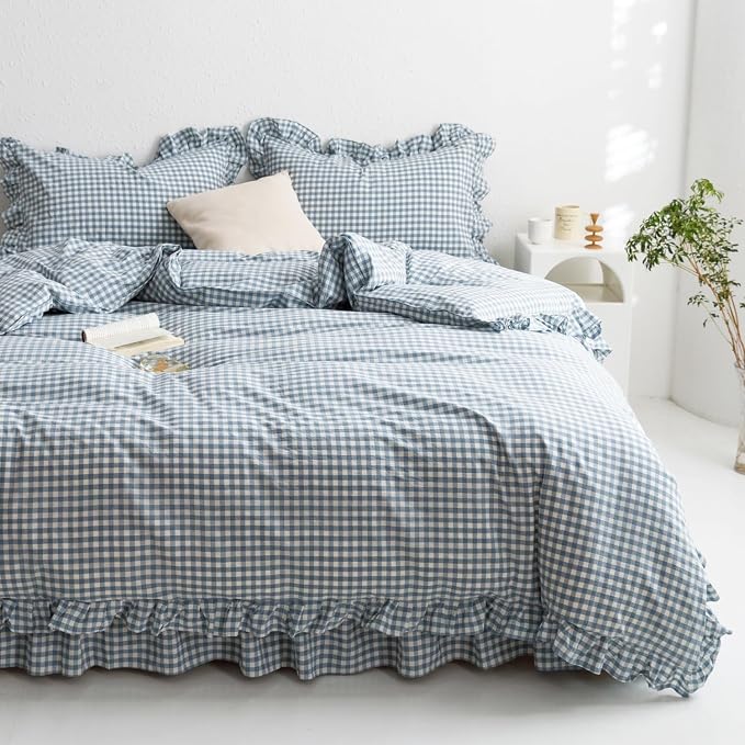 mixinni Blue White Gingham Ruffle Duvet Cover Full Size 3 Pieces – 100% Washed by mixinni