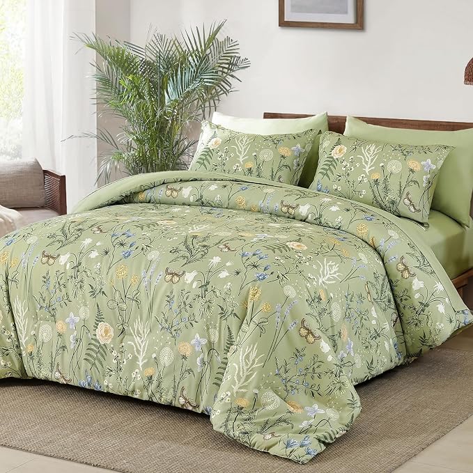 Yiran Sage Green Floral Comforter Set Queen Size, 7 Piece Botanical Comforter - Image 2