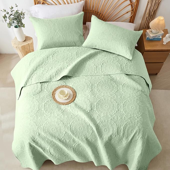 WURUIBO Light Green Quilt Set Twin Size, Embossing Microfiber Bedspreads - Image 8