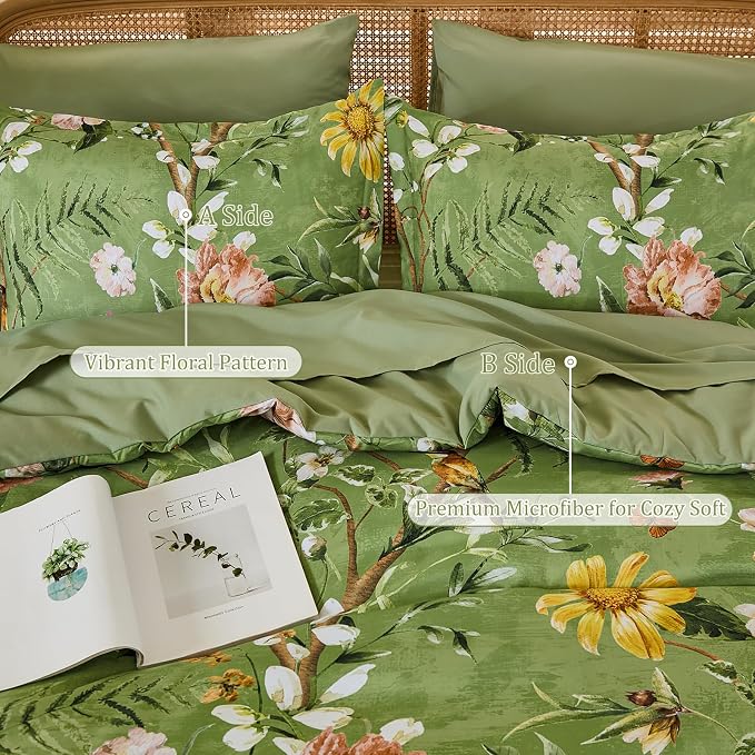 Yiran Sage Green Hibiscus Floral Comforter Set Queen Size, 7 Piece Bird Flowers - Image 5