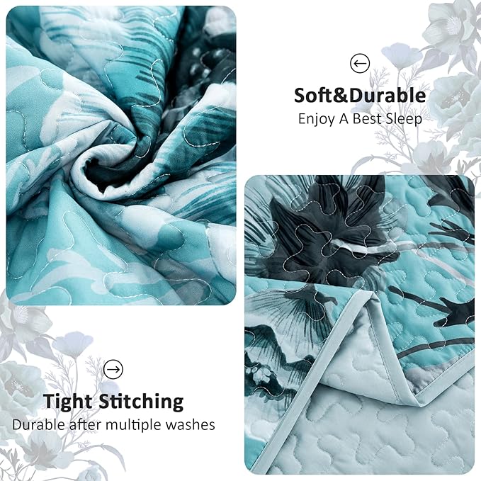 Blue Floral Quilt Set King Size 3 Pieces Boho Flower Quilt Coverlet Set Soft - Image 5