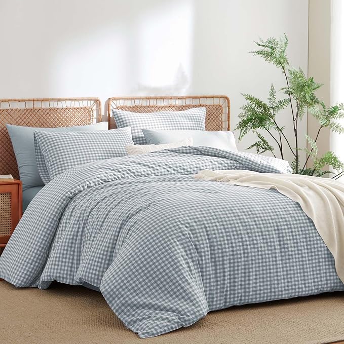 Nayoroom Gingham Duvet Cover Queen Size 100% Washed Cotton Blue Plaid Checkered - Image 4