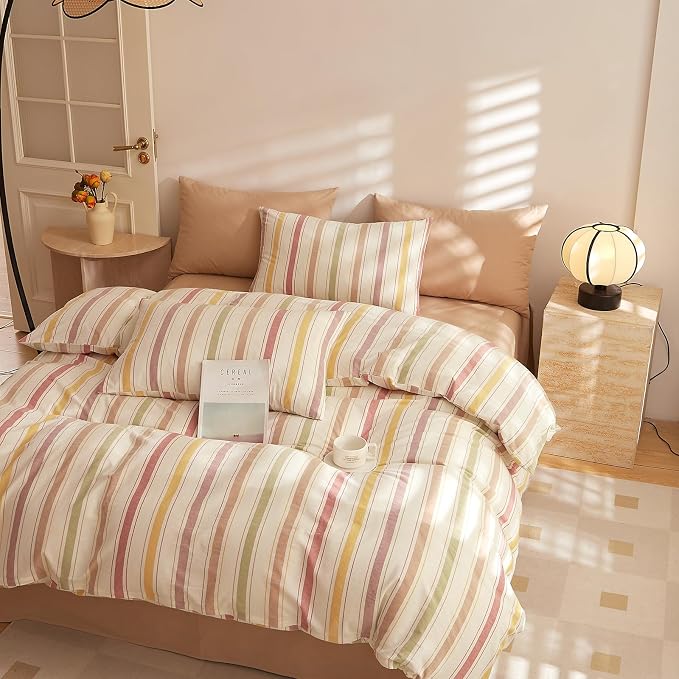 mixinni Vintage Striped Duvet Cover Set Full, 3-Piece Washed Cotton Bedding Set - Image 4