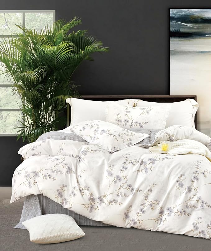 SLEEPBELLA Reversible Duvet Cover King, Elegant Purple Blossom on White by SLEEPBELLA