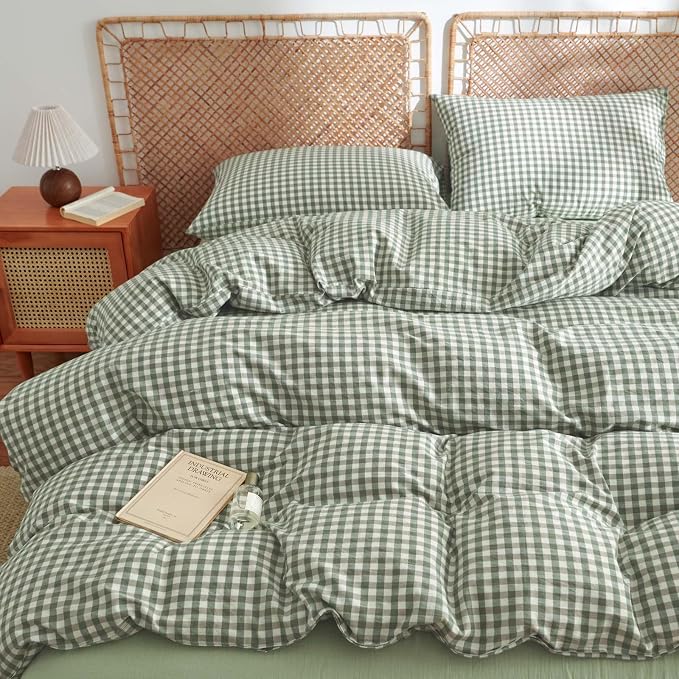 Nayoroom Gingham Duvet Cover Twin Size 100% Washed Cotton Green Plaid Checkered - Image 2