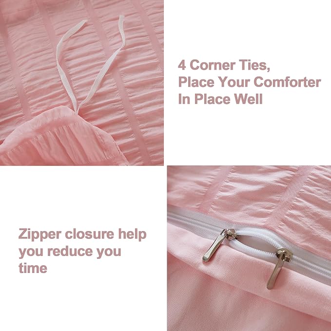 AveLom Blush Pink Seersucker Duvet Cover Set Full Size, 3 Pieces, Ultra Soft - Image 4