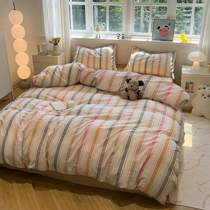 mixinni Vintage Striped Duvet Cover Set Queen, 3-Piece 100% Washed Cotton - Image 7