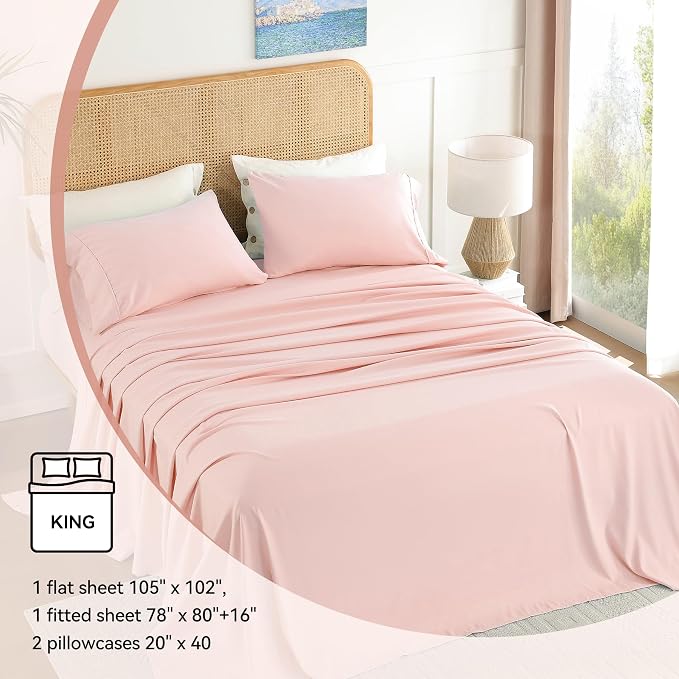 Pink King Sheet Set 4 Piece, Soft Breathable Cooling Microfiber Bed Sheets - Image 6