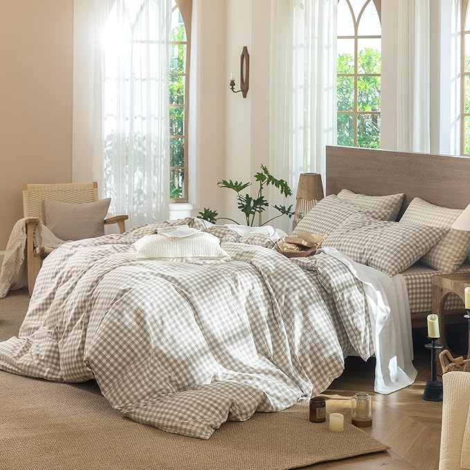 MooMee Gingham Duvet Cover Set 100% Washed Cotton Linen Like Textured - Image 3