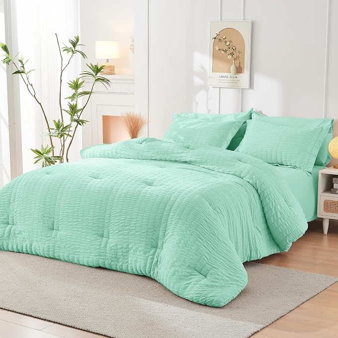 HYMOKEGE Mint Green Queen Comforter Set Seersucker 7 Pieces, All Season Luxury - Image 8