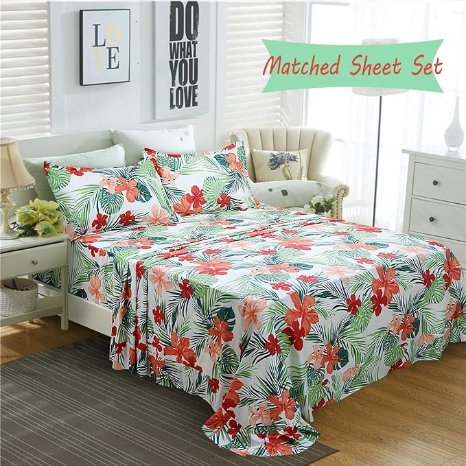 FADFAY Tropical Red Hibiscus Palm Leaves Duvet Cover Set Super Soft Summer - Image 5