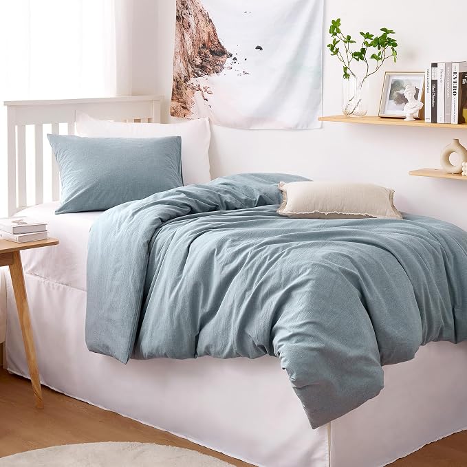 Wake In Cloud - Cotton Duvet Cover Set, Twin Size, Light Denim Blue, 100% - Image 4