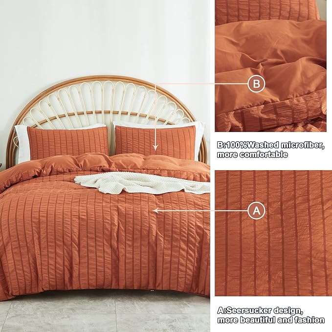 AveLom Terracotta Seersucker Duvet Cover Set King Size, 3 Pieces, Ultra Soft - Image 7