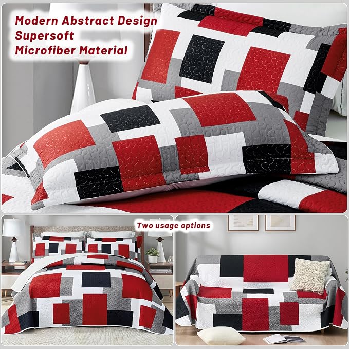 Tyrot 3 Piece Red Black Grey Quilt Set California King Size Red White Geometric - Image 3