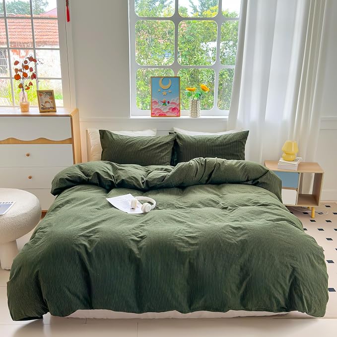 PinkMemory Green Striped Duvet Cover King 100% Washed Cotton Olive Green - Image 2