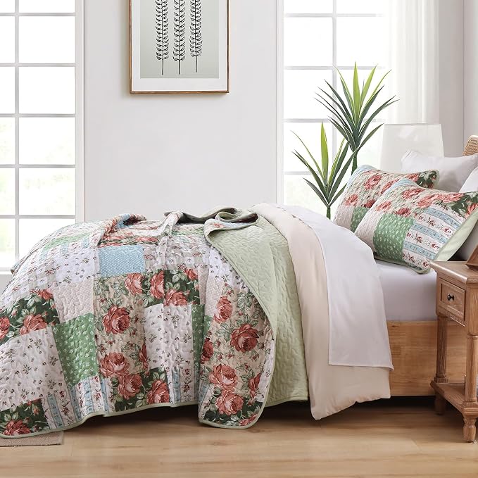 Anibedding Green Patchwork Quilt Set King Size, Bohemian Red Flower Green Plaid - Image 4