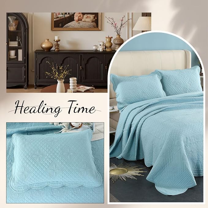 ROOMLIFE Quilt Set King Size 3D Floral Embroidery Pattern 3-Piece Cotton - Image 5