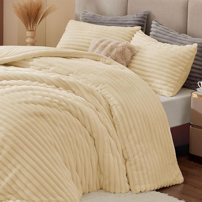 BEDELITE Fleece King Comforter Set -Super Soft & Warm Fluffy Beige Bedding - Image 5