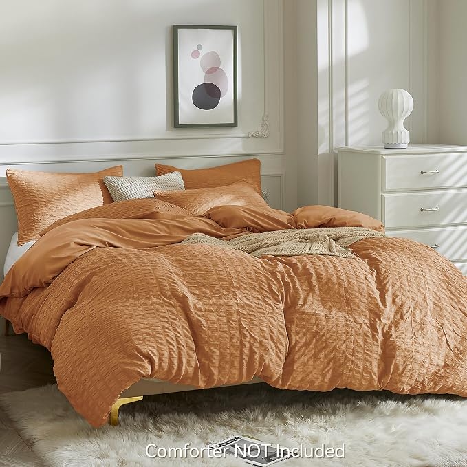 JELLYMONI Burnt Orange Duvet Cover Twin Size, Soft Breathable Seersucker Duvet - Image 3