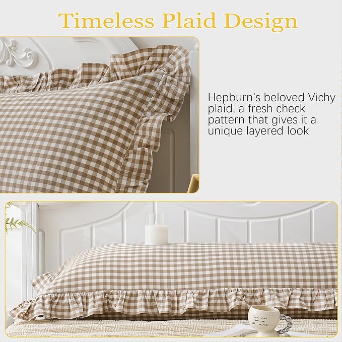 Taupe/White Plaid Ruffled Body Pillow Cover Washed Cotton Farmhouse Checkered - Image 4