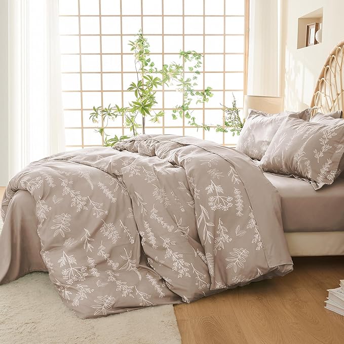 MUXHOMO Duvet Cover King Size, Reversible Floral Taupe Duvet Cover Set - Image 2